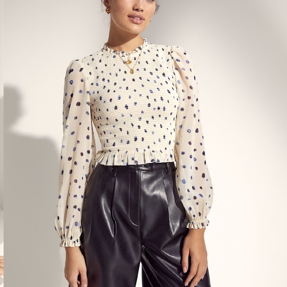 Aritzia Tops - Aritzia Cream Blouson Sleeve Smocked Top with Navy Dot Print